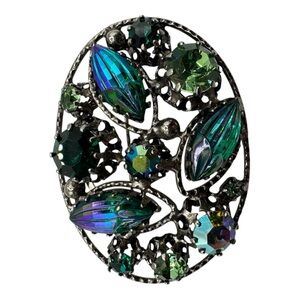 Vintage Green AB Rhinestone Brooch – Oval Filigree Setting‎ – 2” Statement Pin